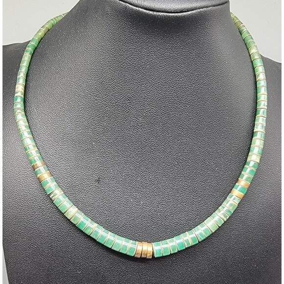 Green Shell Heshi Necklace 16" Chocker Style Graduated Discs Semi Translucent - Picture 1 of 15